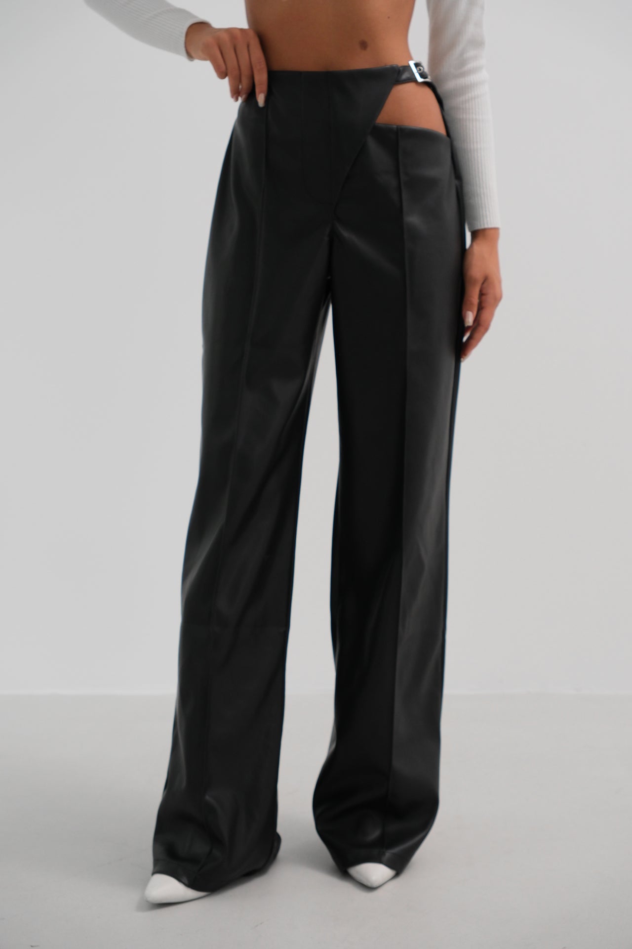 Black Leather Trousers with Window Detail Belt 