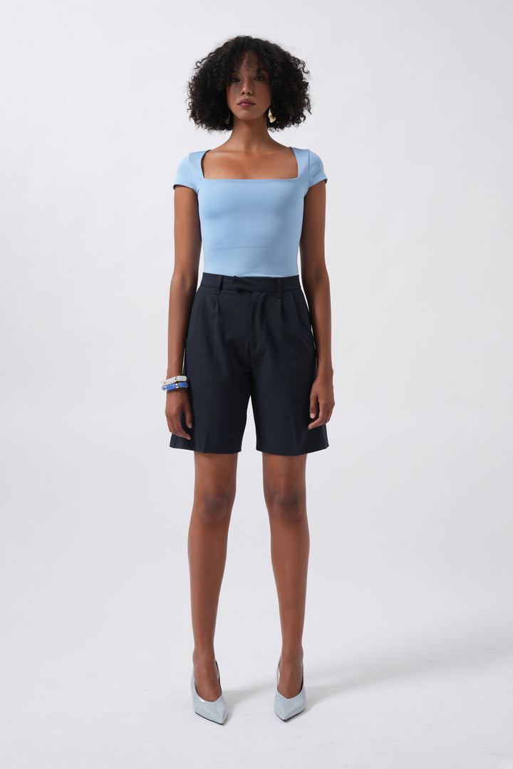 Window Detail Mini Decollete Baby Blue Blouse 