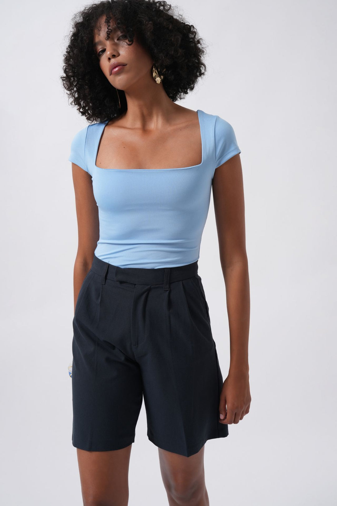 Window Detail Mini Decollete Baby Blue Blouse 