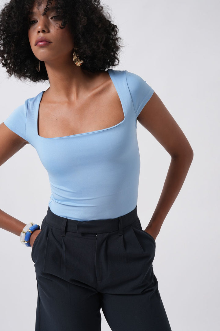 Window Detail Mini Decollete Baby Blue Blouse 