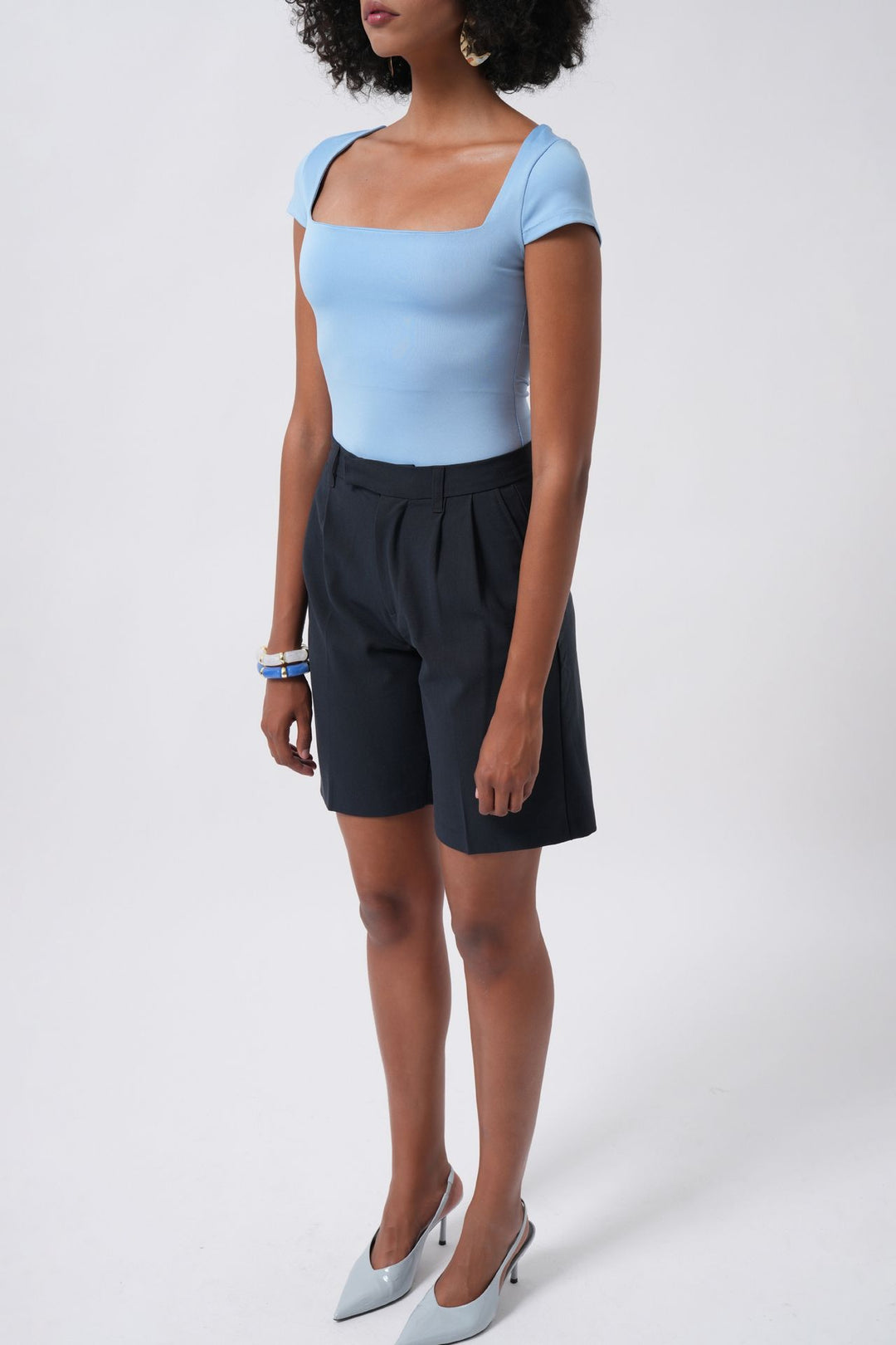 Window Detail Mini Decollete Baby Blue Blouse 