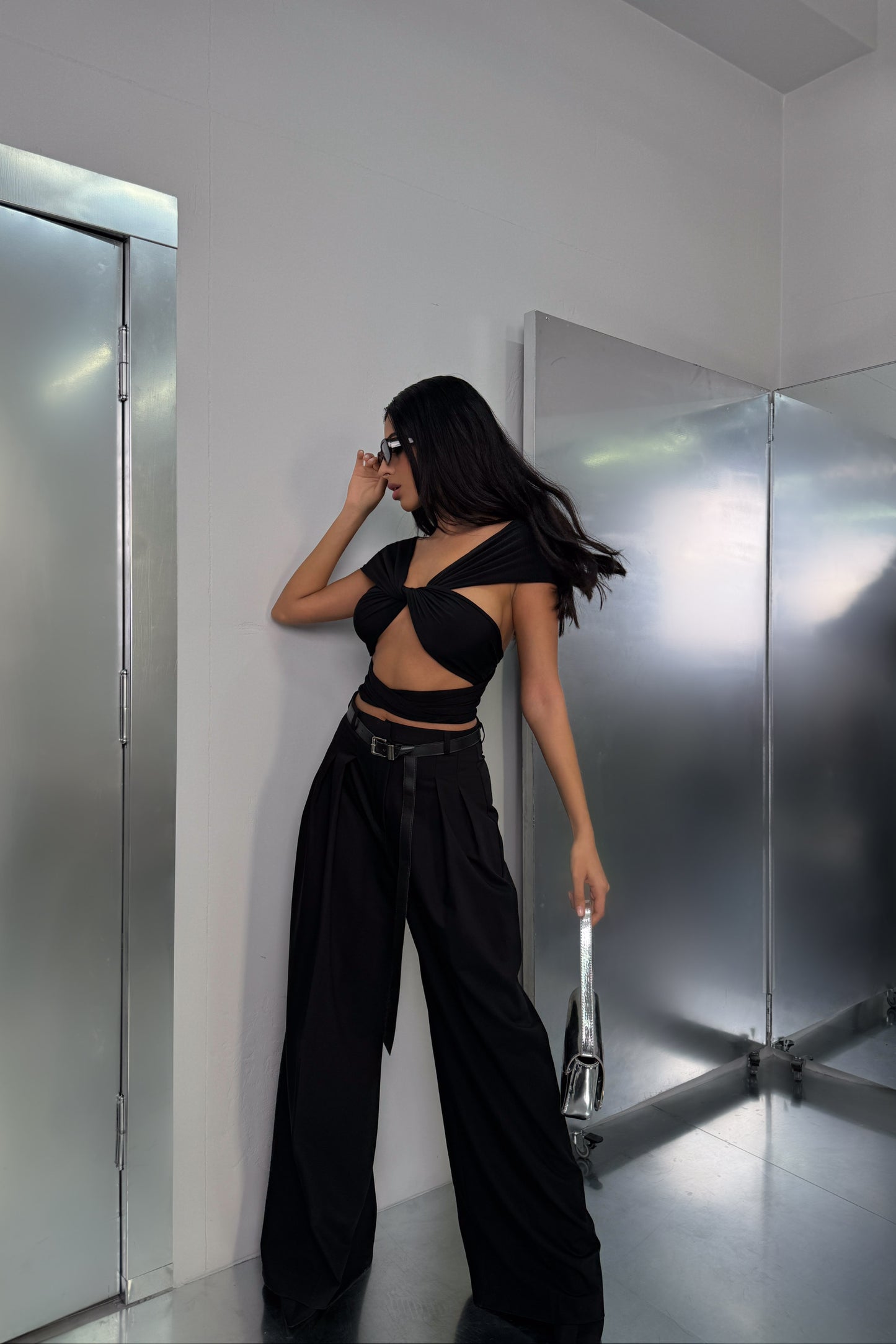 Pleated Detail Belted Black Trousers 