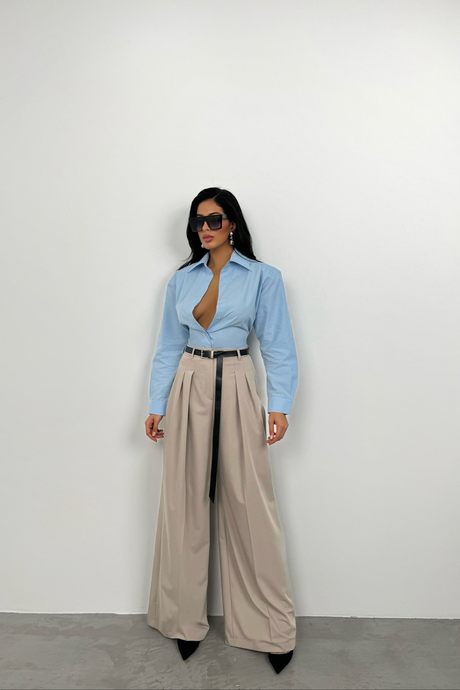 Beige Trousers with Pleated Detail Belt