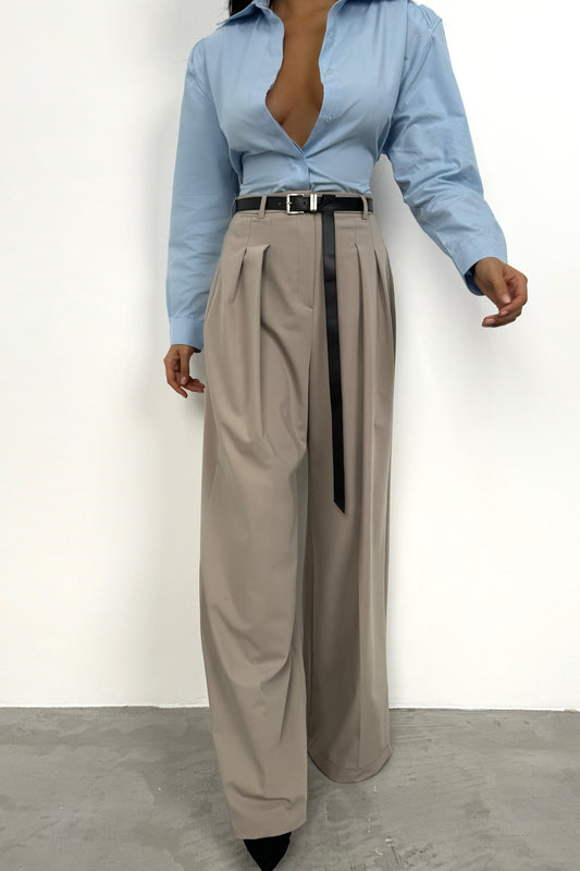 Beige Trousers with Pleated Detail Belt