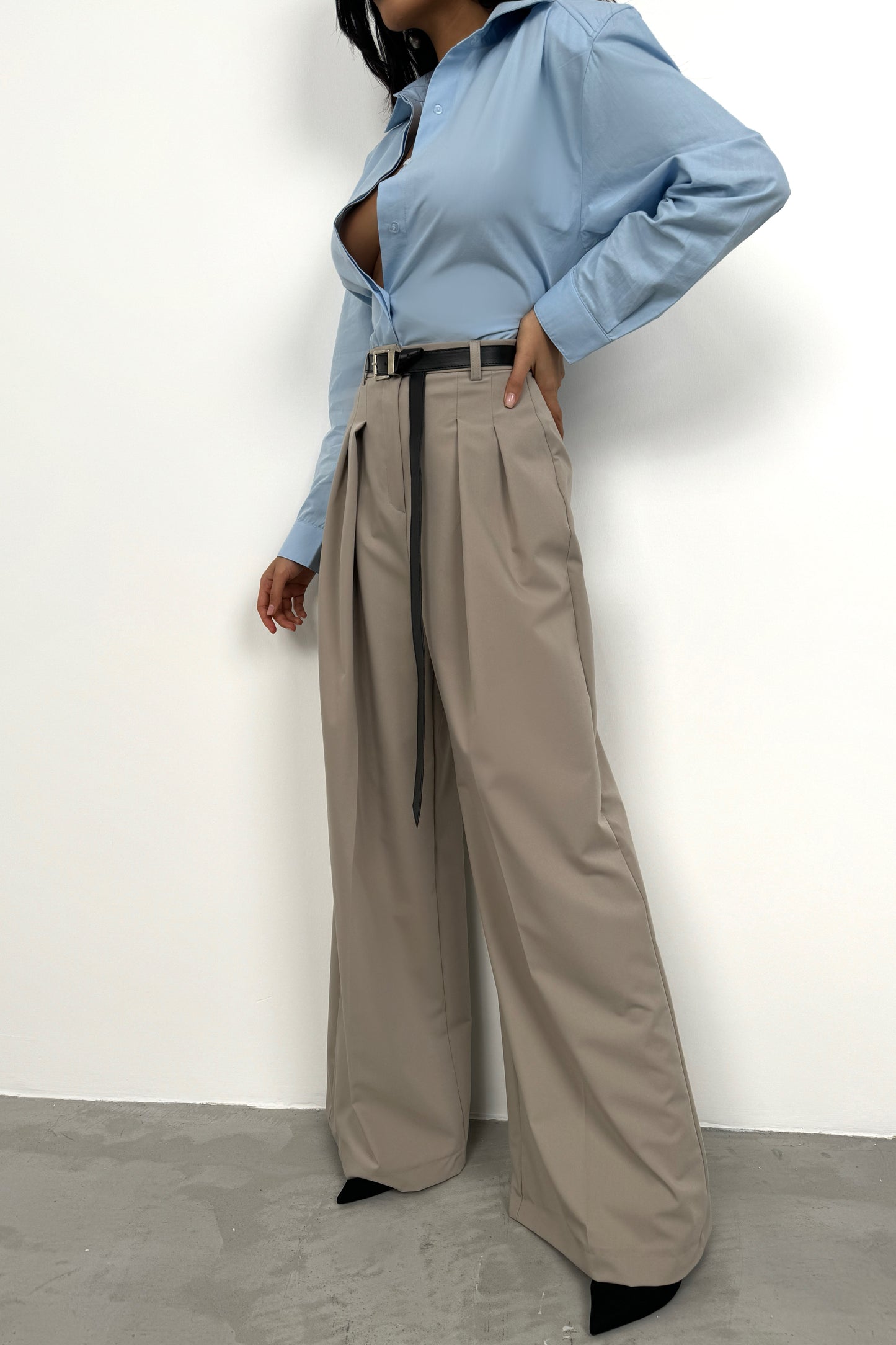 Beige Trousers with Pleated Detail Belt