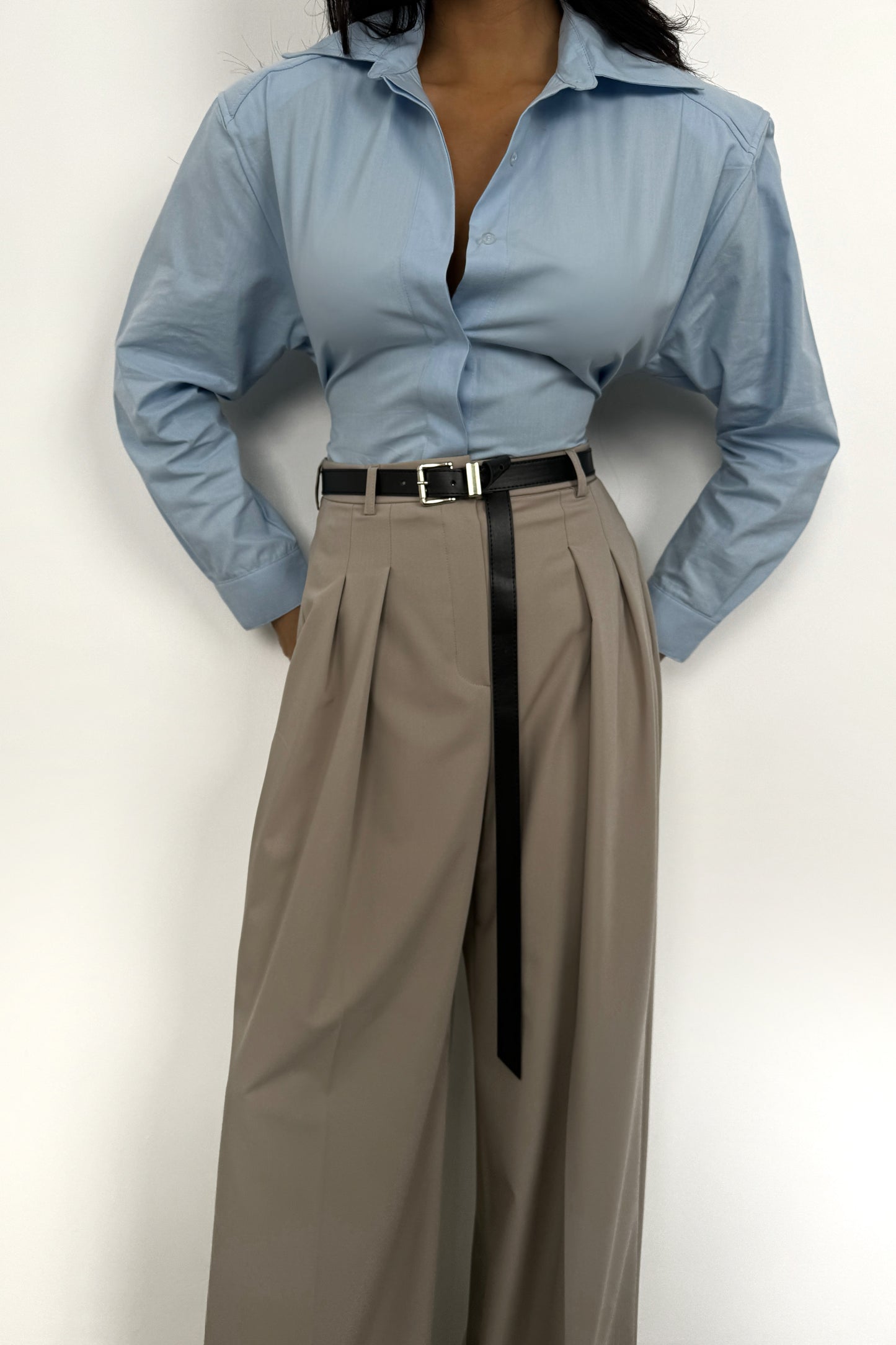 Beige Trousers with Pleated Detail Belt