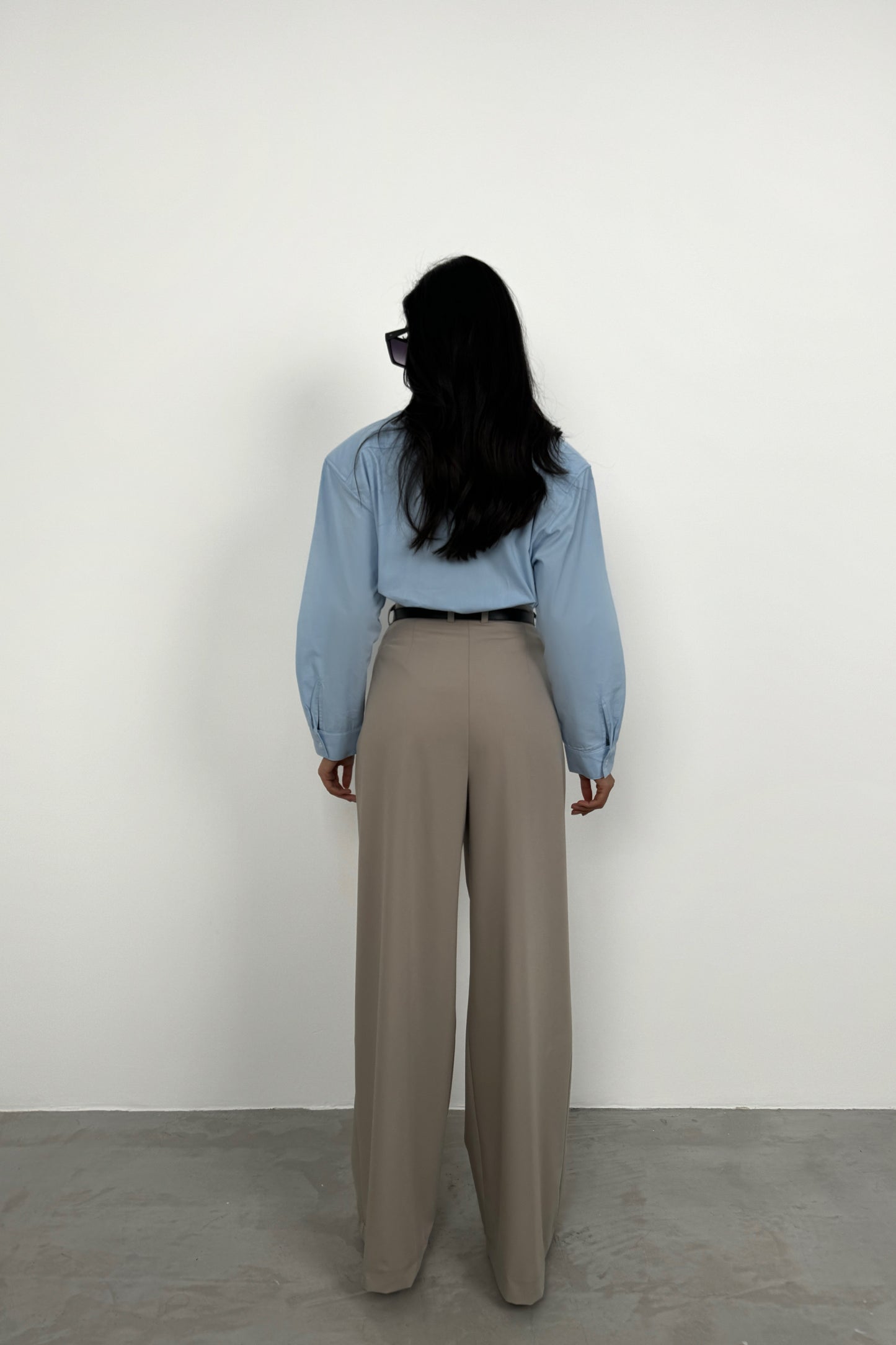 Beige Trousers with Pleated Detail Belt