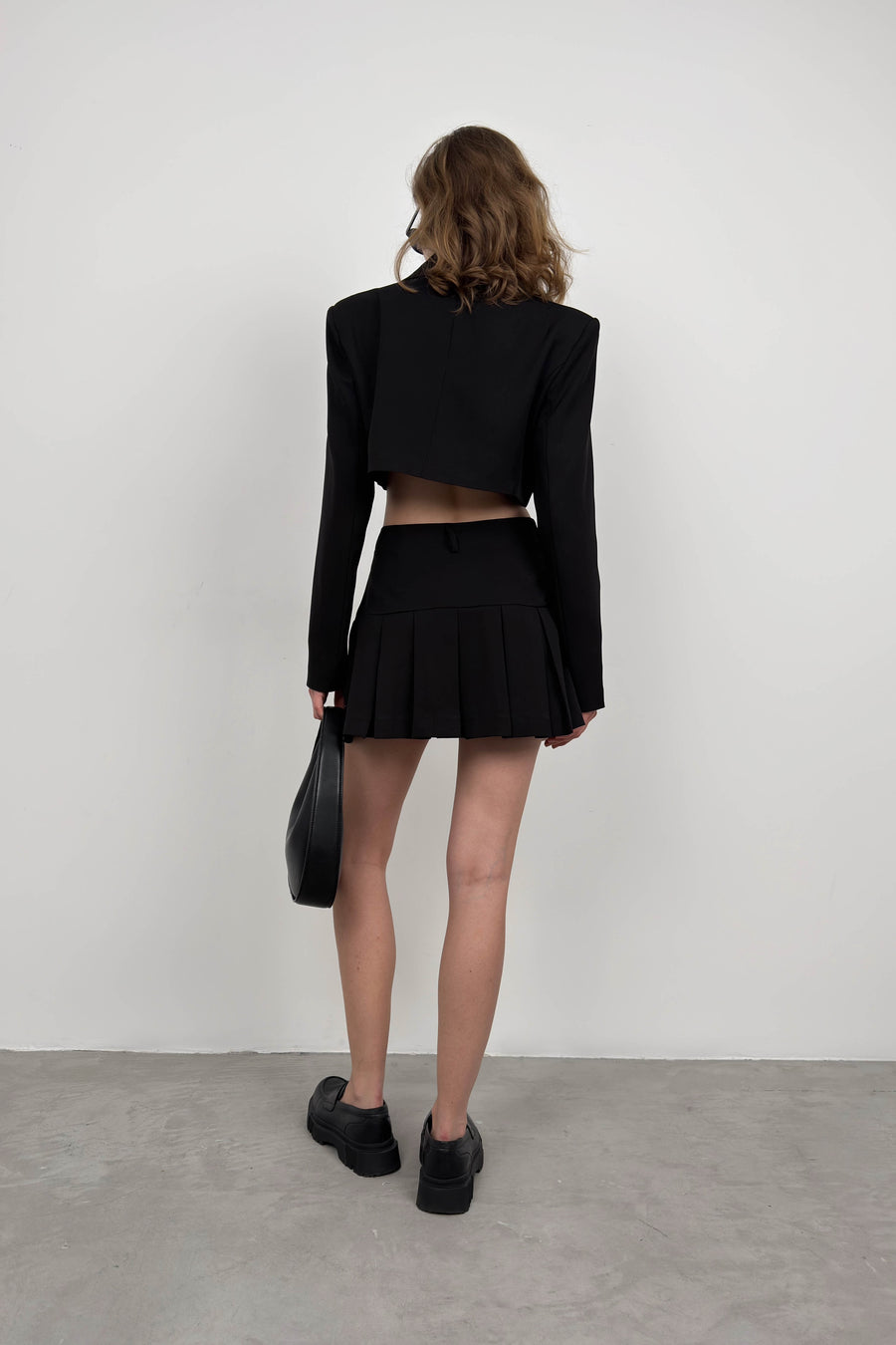 Pleated Skirt Crop Black Jacket Set 