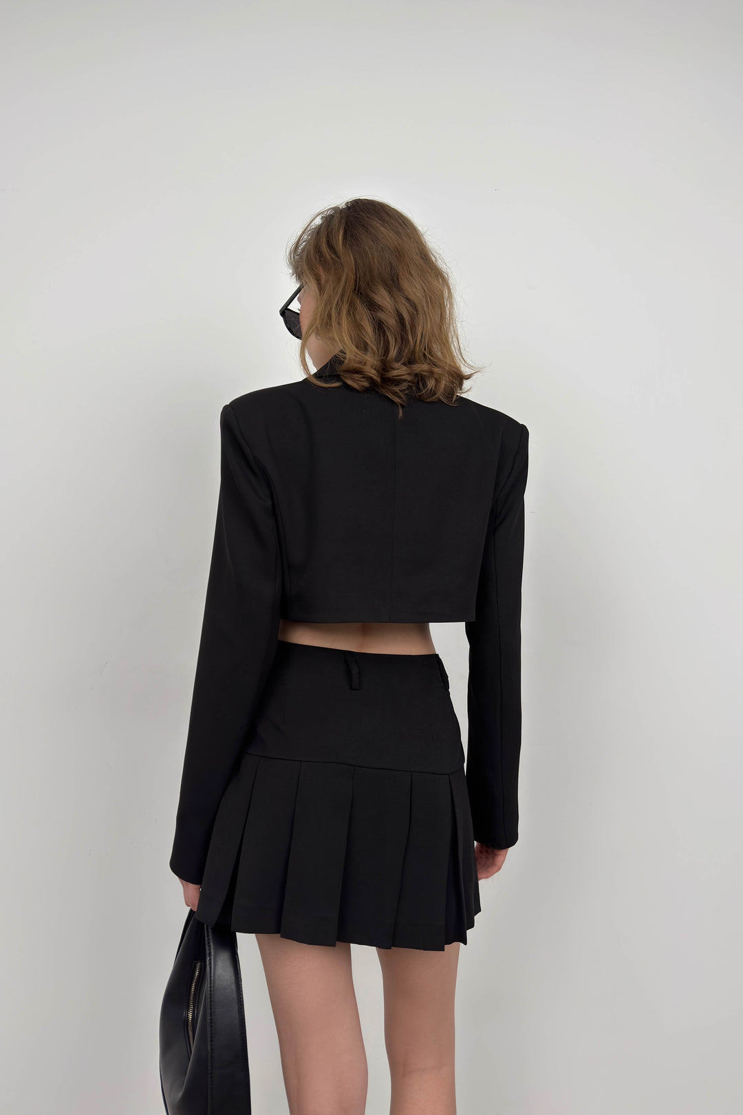 Pleated Skirt Crop Black Jacket Set 