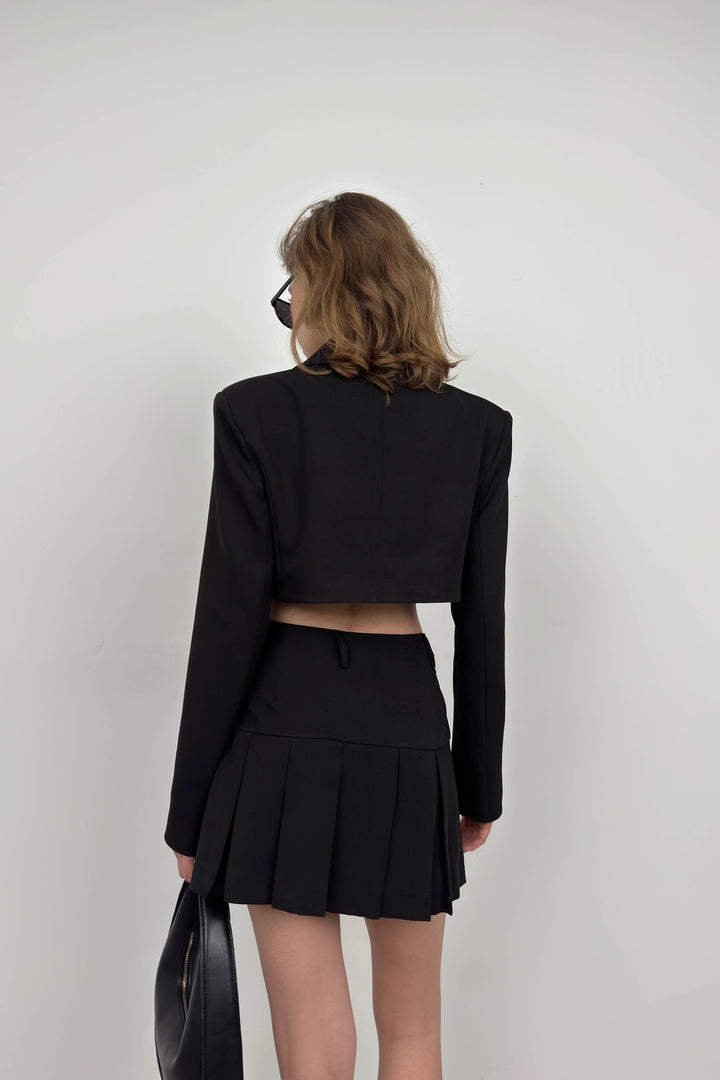 Pleated Skirt Crop Black Jacket Set 