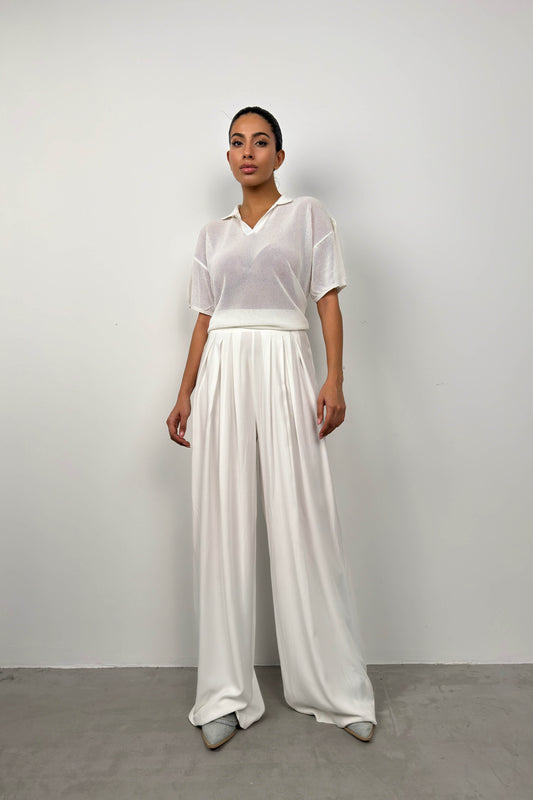 Pleated Wide Cut Ecru Trousers 