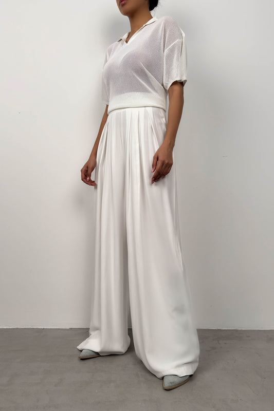 Pleated Wide Cut Ecru Trousers 