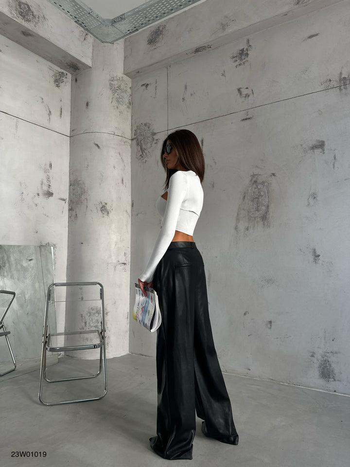 Pleated Wide Leg Black Leather Trousers 