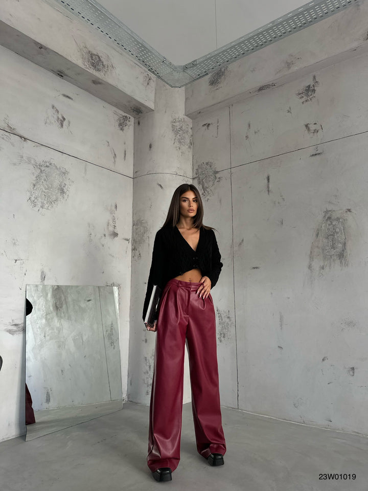 Pleated Wide Leg Burgundy Leather Trousers 