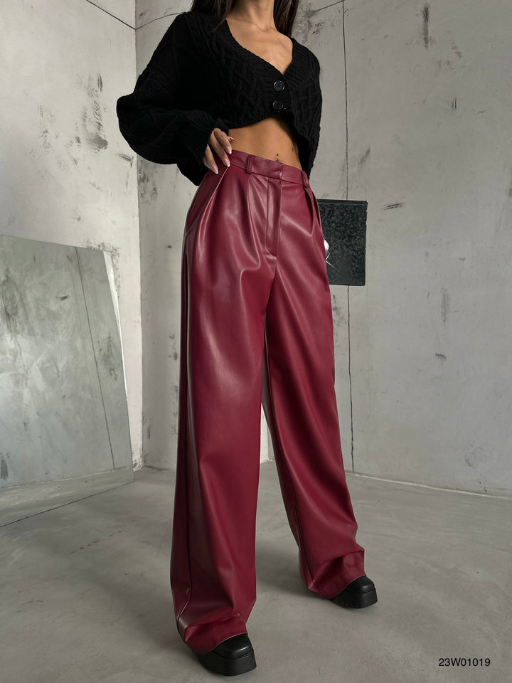 Pleated Wide Leg Burgundy Leather Trousers 
