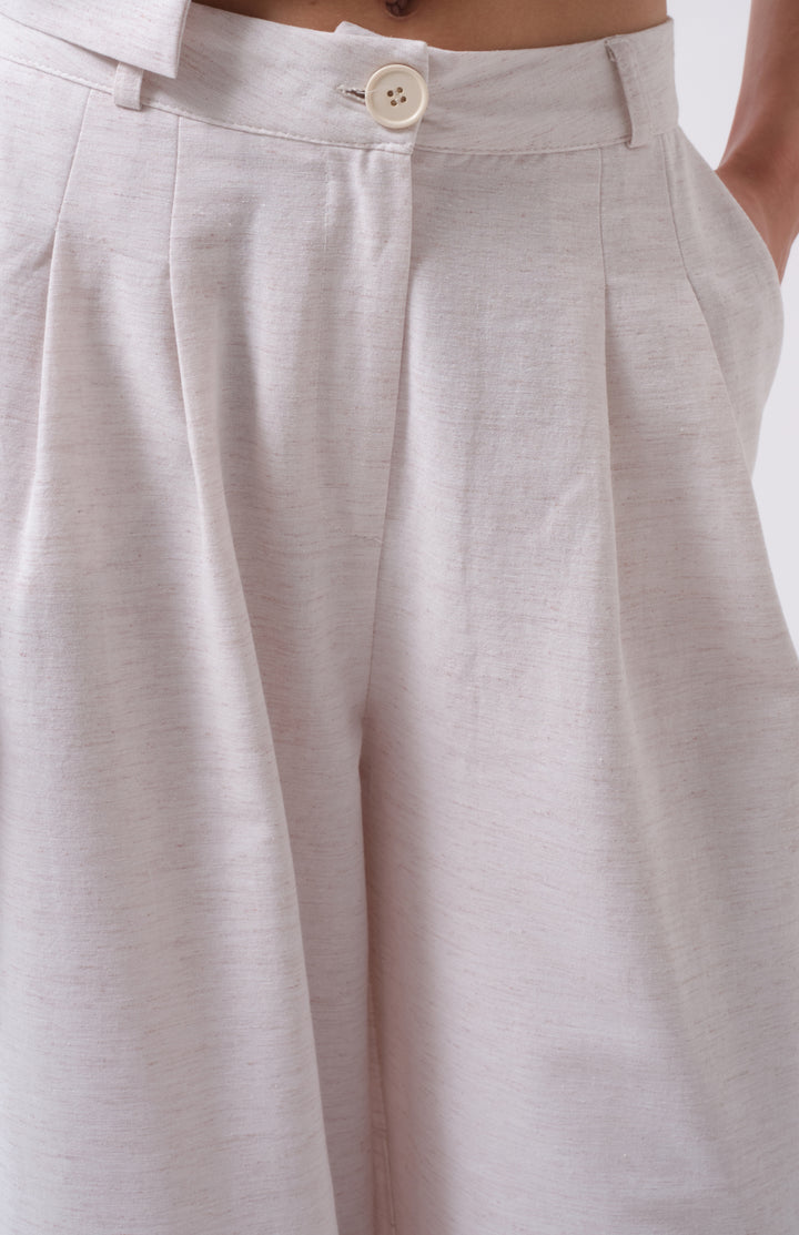 Pileli Geniş Paça Keten Gri Pantolon