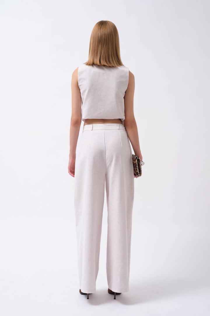 Pileli Geniş Paça Keten Gri Pantolon