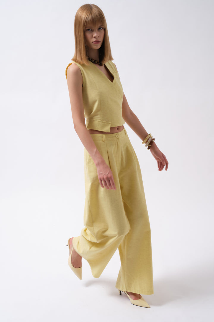 Pileli Geniş Paça Keten Sarı Pantolon