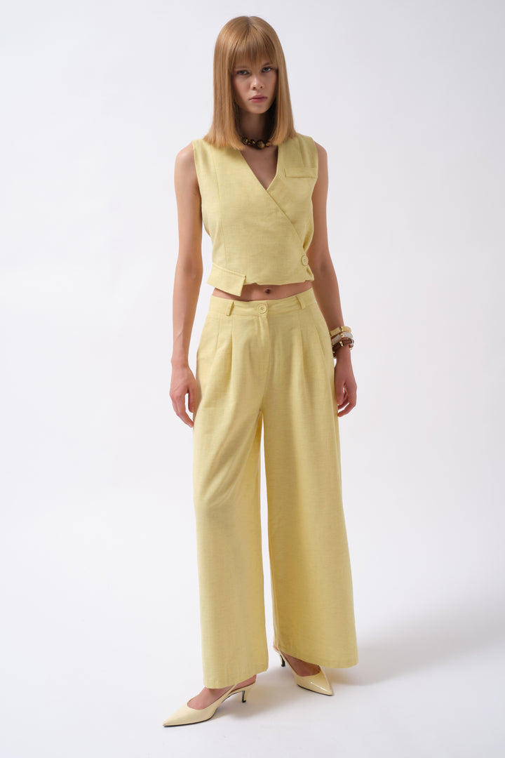 Pileli Geniş Paça Keten Sarı Pantolon