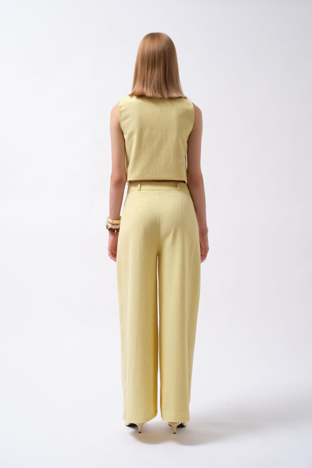 Pileli Geniş Paça Keten Sarı Pantolon