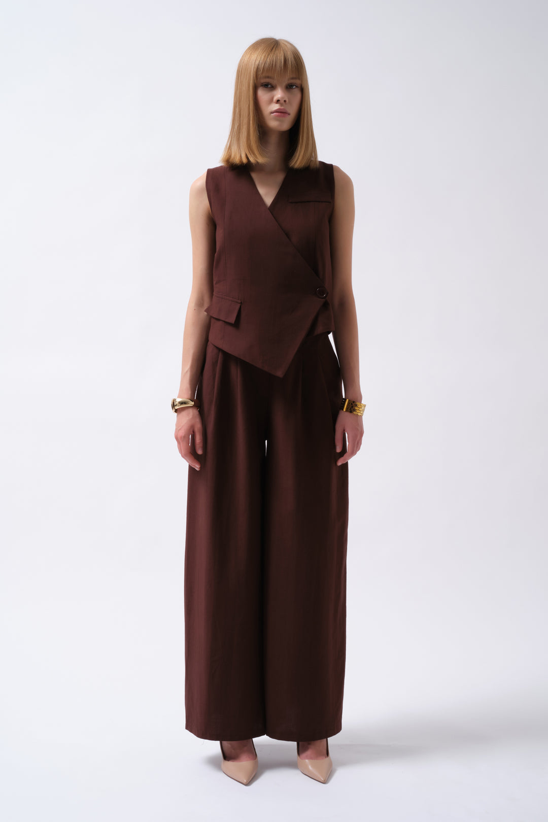 Pileli Geniş Paça Keten Kahverengi Pantolon