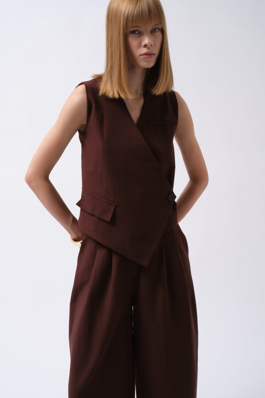 Pileli Geniş Paça Keten Kahverengi Pantolon