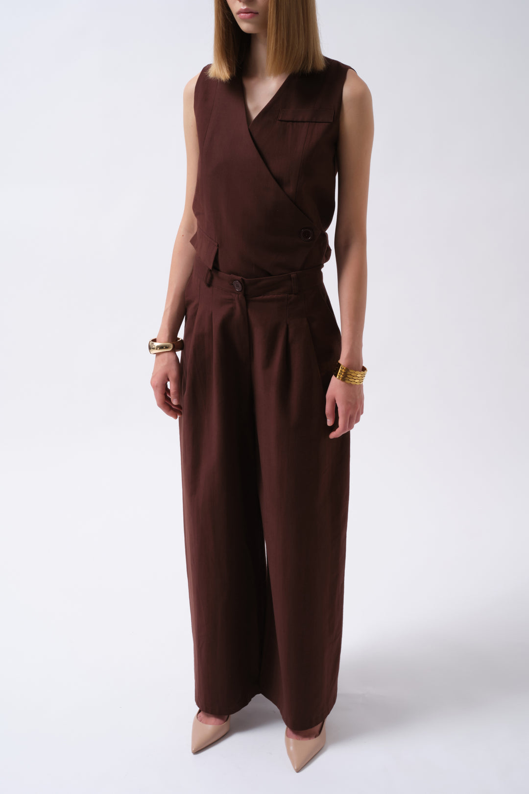 Pileli Geniş Paça Keten Kahverengi Pantolon