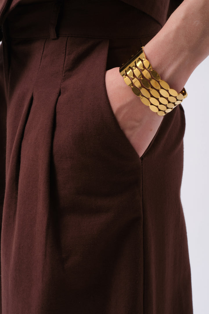 Pileli Geniş Paça Keten Kahverengi Pantolon