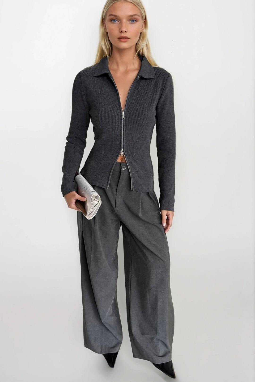 Polo Yaka Çift Fermuarlı Gri Triko Bluz