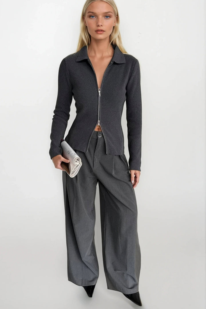 Polo Yaka Çift Fermuarlı Gri Triko Bluz