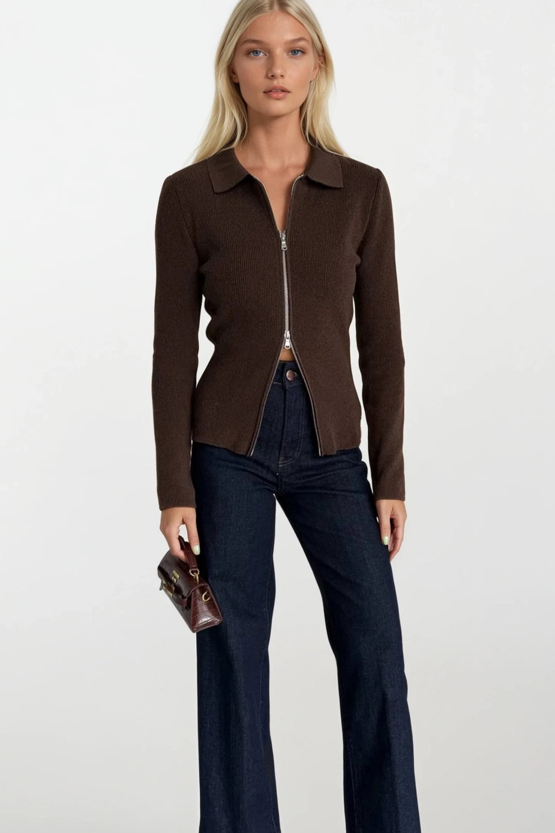 Polo Yaka Çift Fermuarlı Kahverengi Triko Bluz