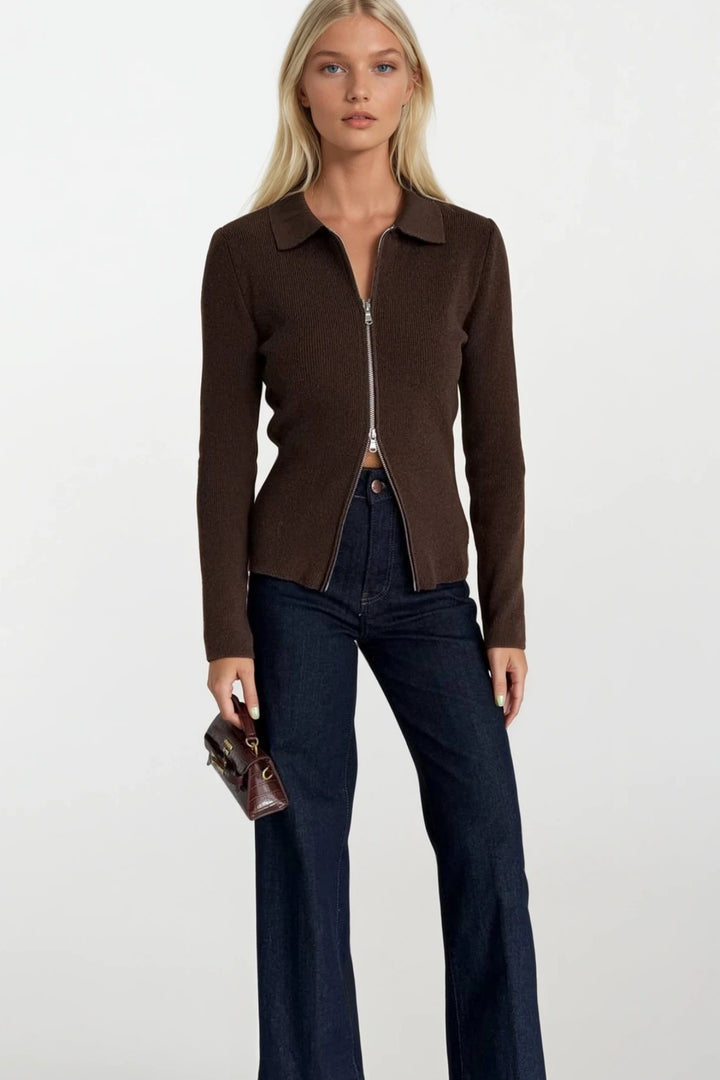 Polo Yaka Çift Fermuarlı Kahverengi Triko Bluz