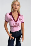 Polo Yaka Çift Renk Baskılı Pembe Crop T-Shirt