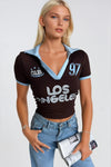Polo Yaka Çift Renk Baskılı Kahverengi Crop T-Shirt