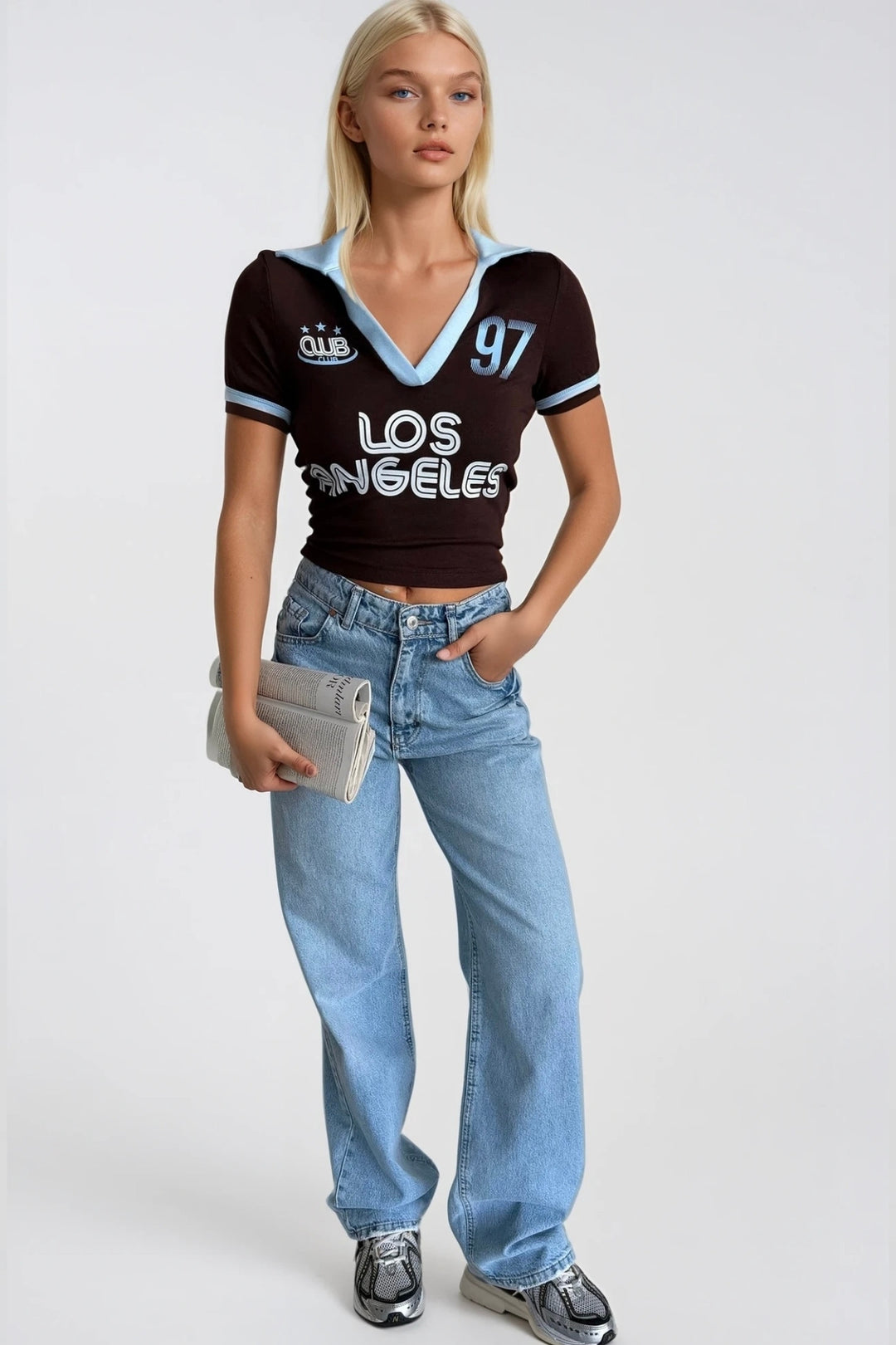 Polo Yaka Çift Renk Baskılı Kahverengi Crop T-Shirt