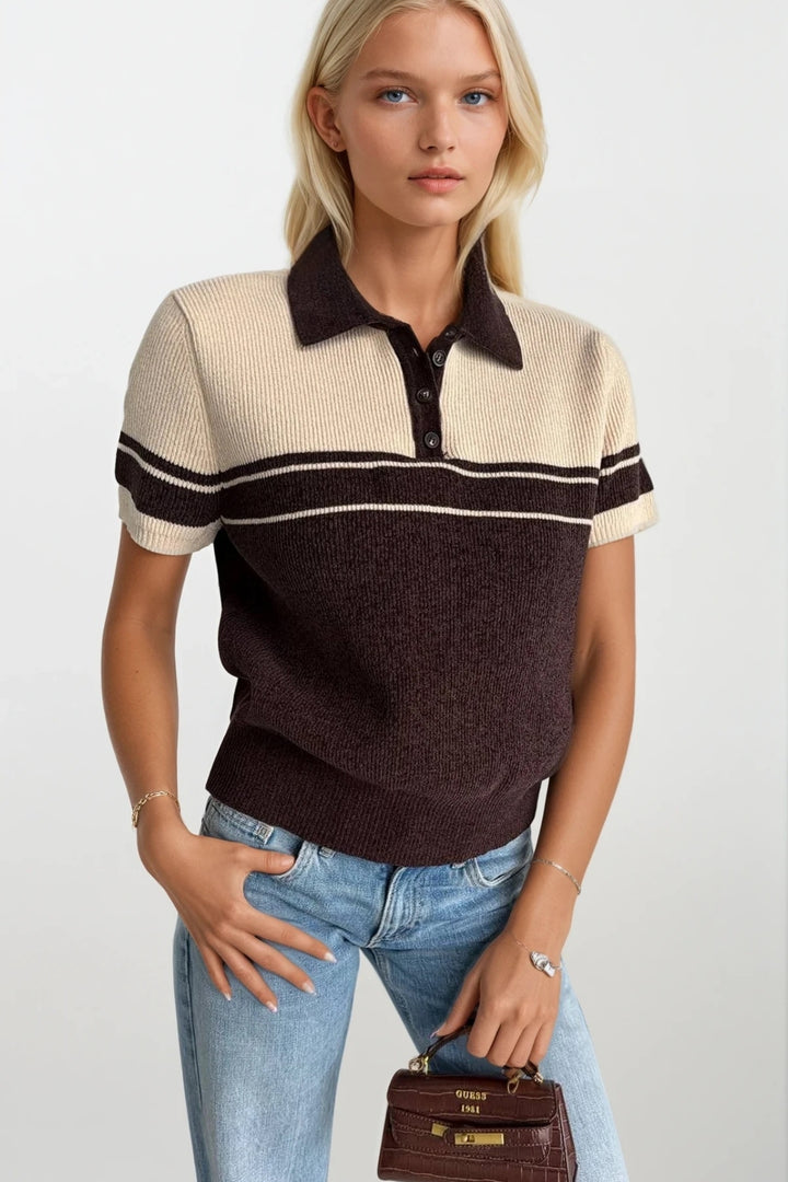 Polo Yaka Çizgili Kadife Dokulu Kahverengi Triko Bluz