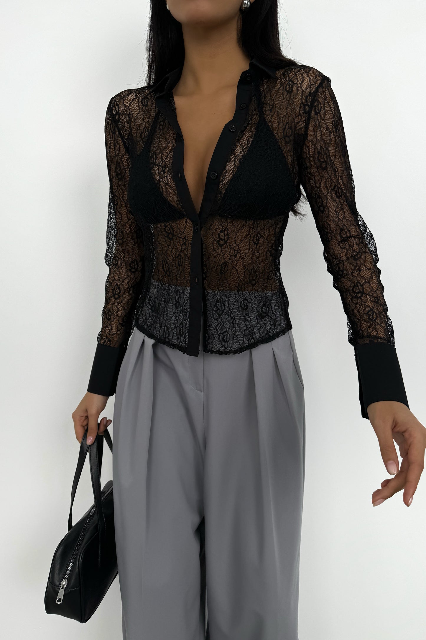 Polo Neck Lace Black Blouse 