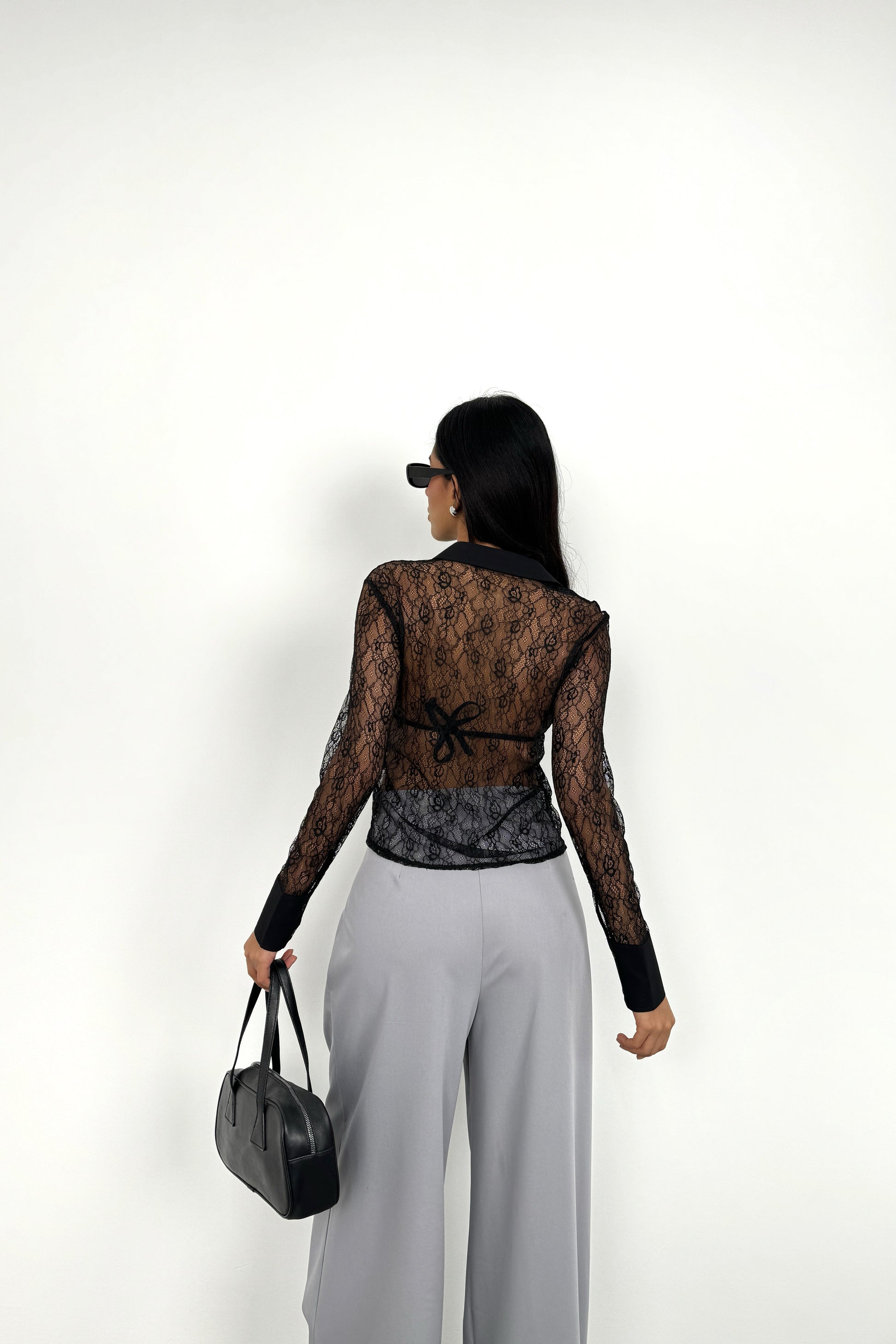 Polo Neck Lace Black Blouse 