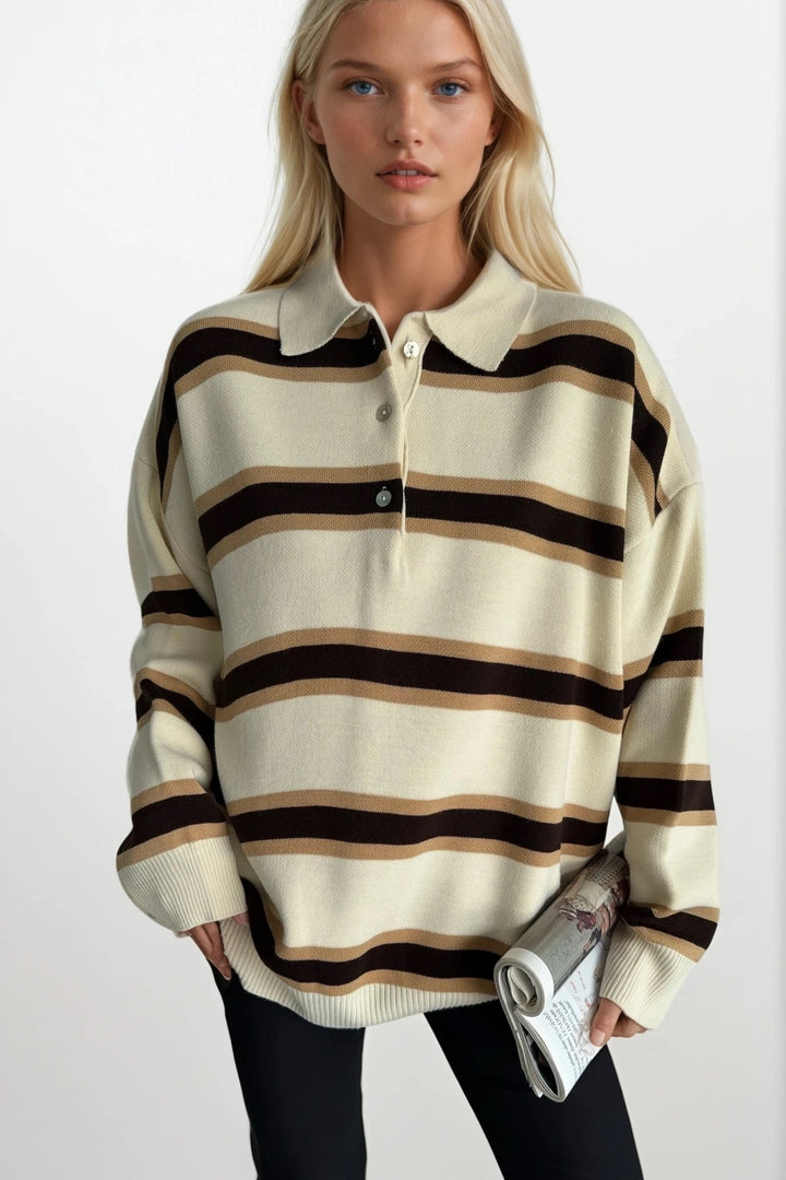 Polo Yaka Düğme Detay Bej Çizgili Triko Kazak