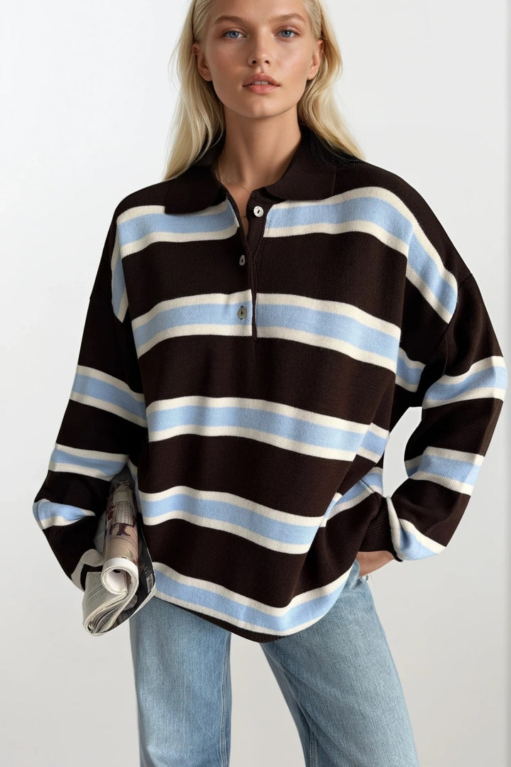 Polo Yaka Düğme Detay Kahverengi Çizgili Triko Kazak