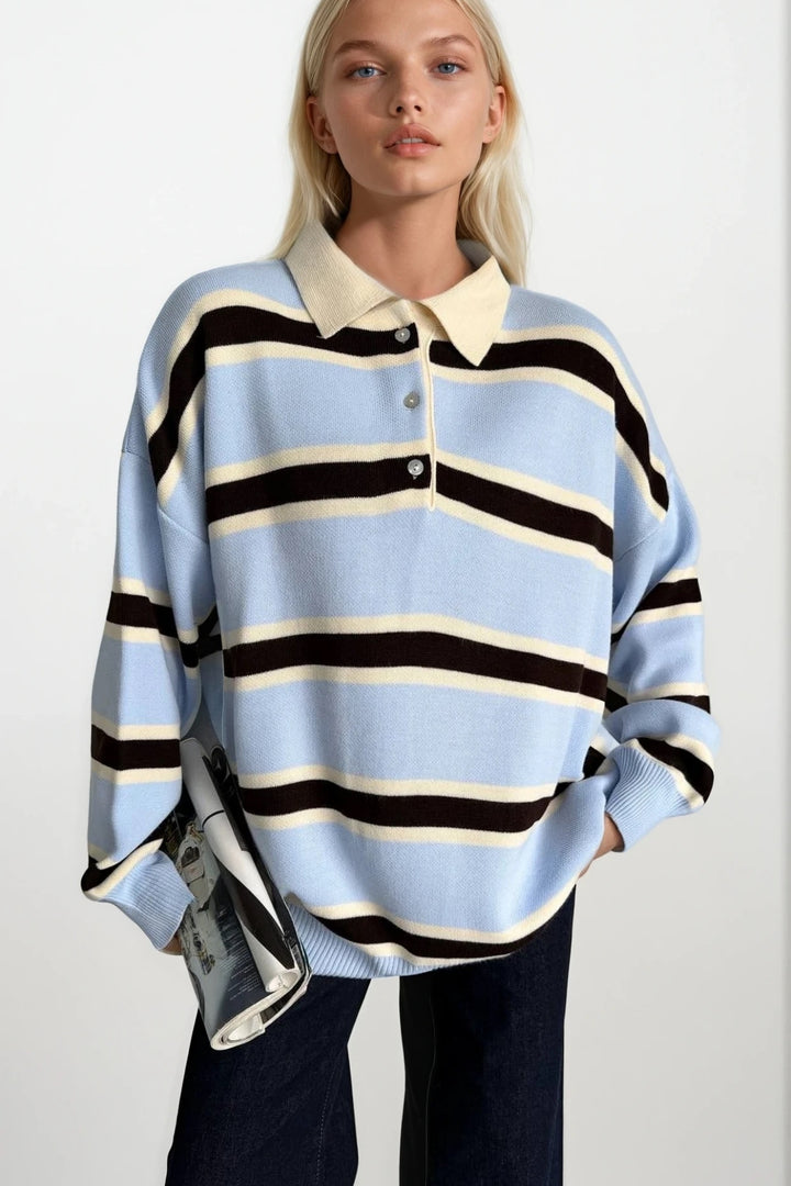 Polo Yaka Düğme Detay Çizgili Mavi Triko Kazak