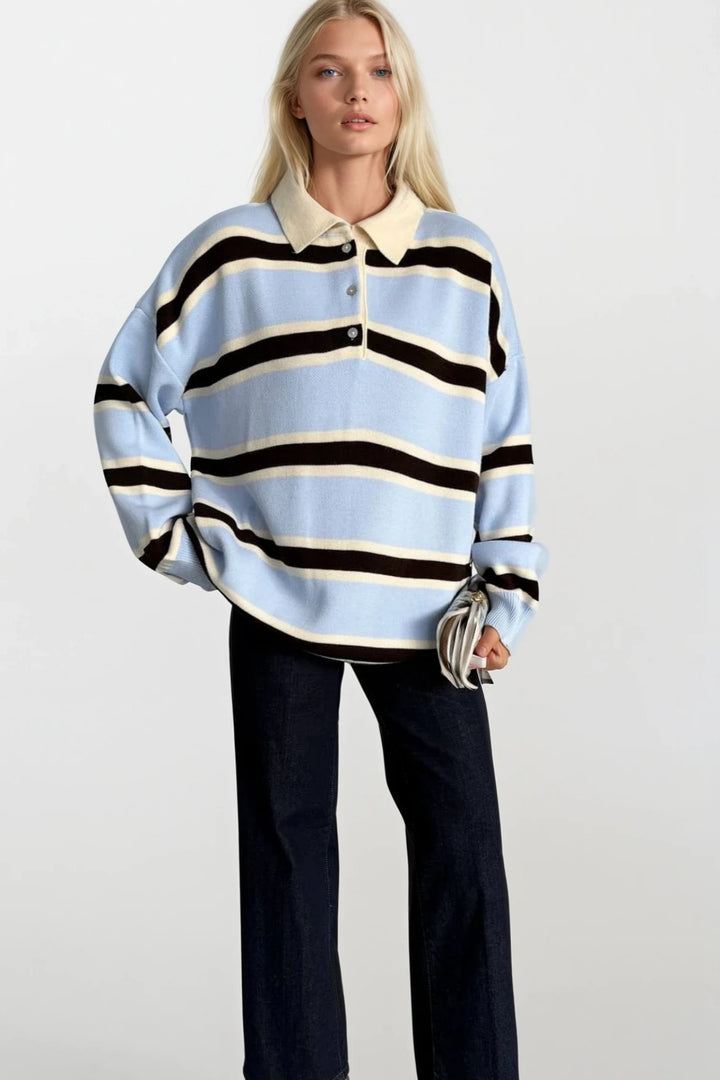 Polo Yaka Düğme Detay Çizgili Mavi Triko Kazak