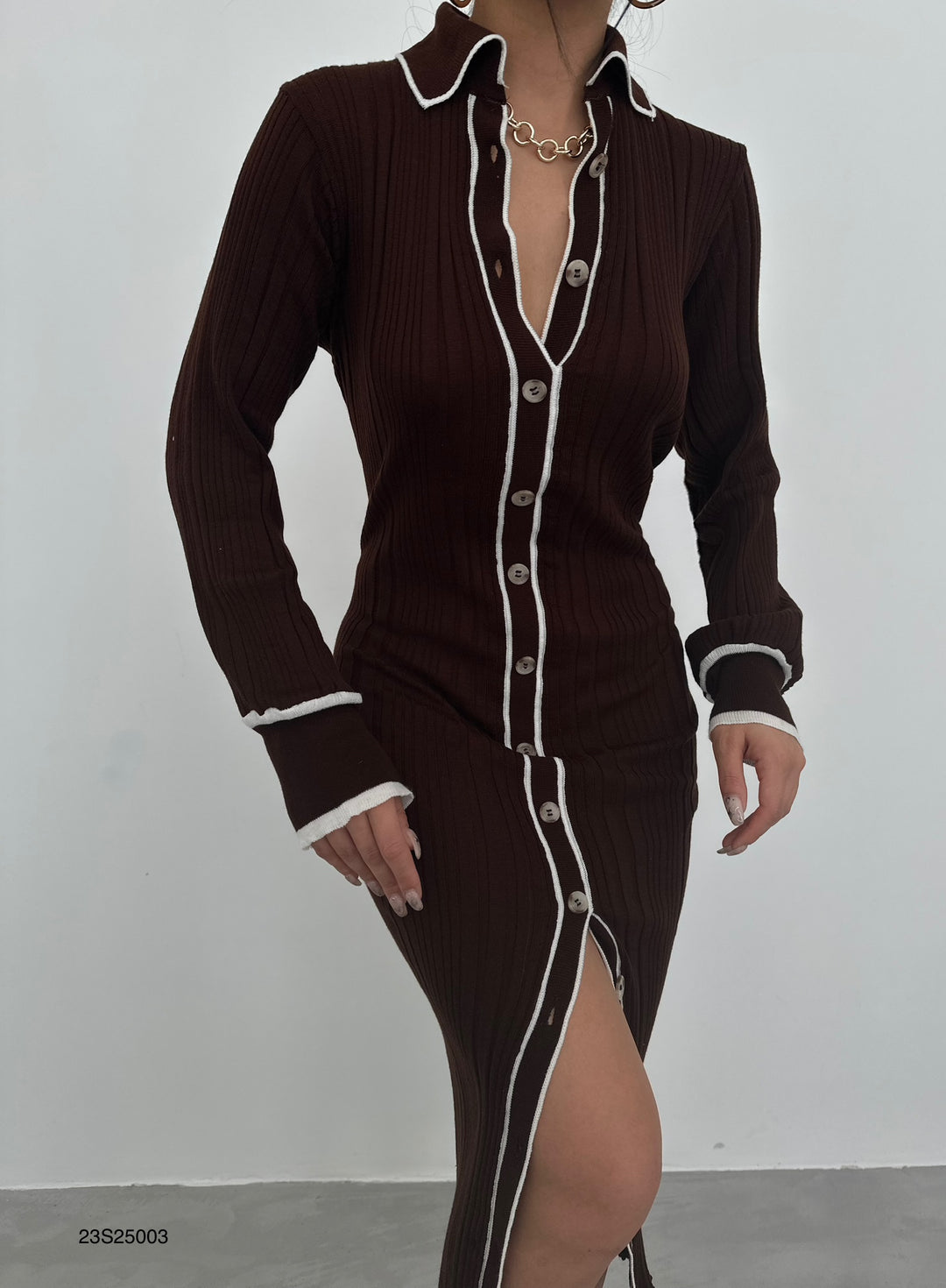 Polo Collar Buttoned Brown Dress