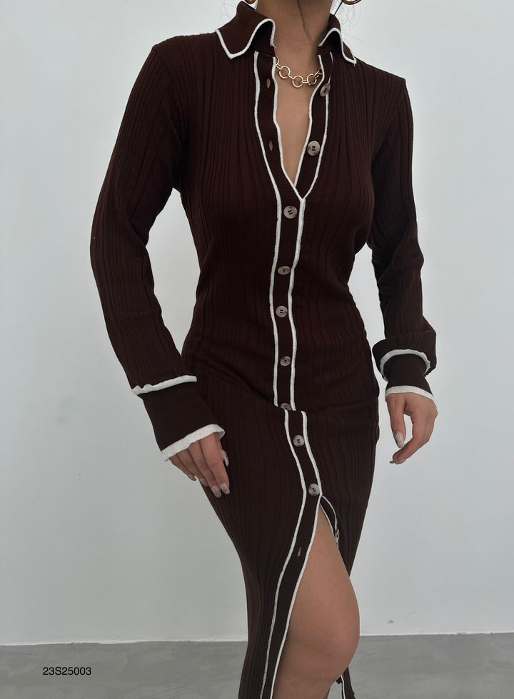 Polo Collar Buttoned Brown Dress