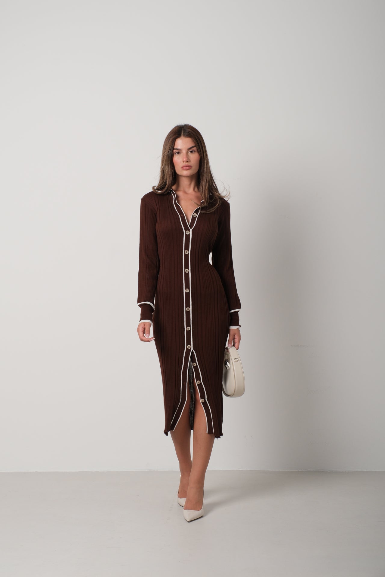 Polo Collar Buttoned Brown Dress 