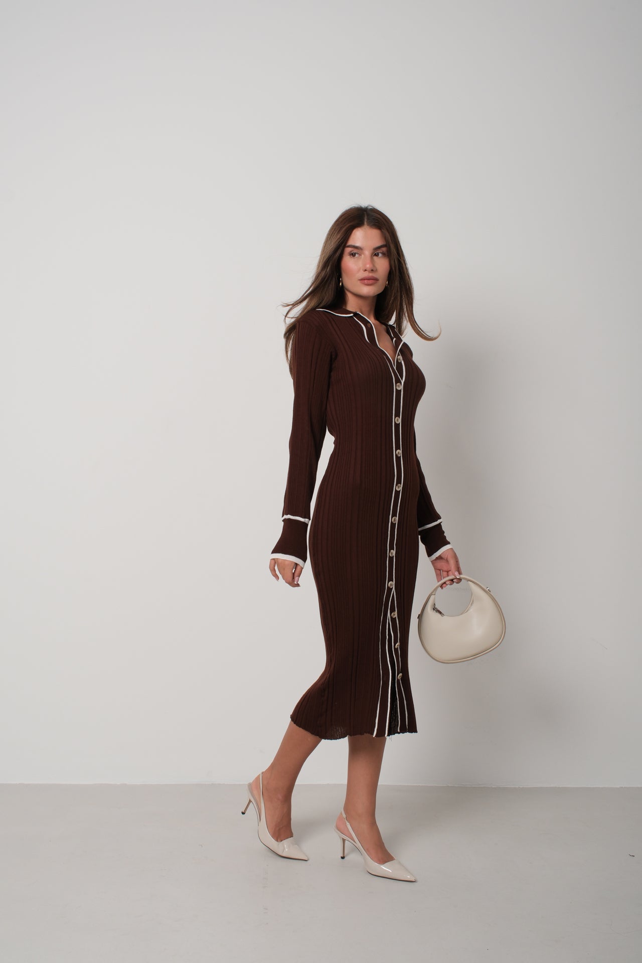 Polo Collar Buttoned Brown Dress 