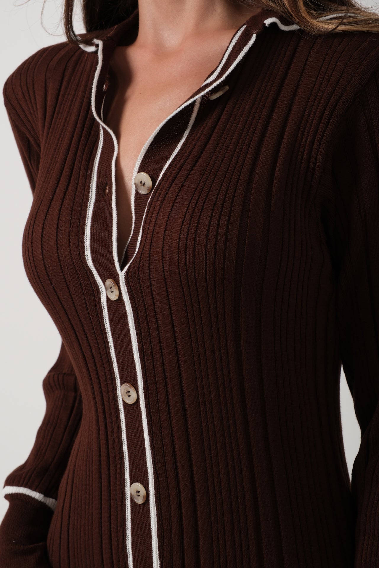 Polo Collar Buttoned Brown Dress 