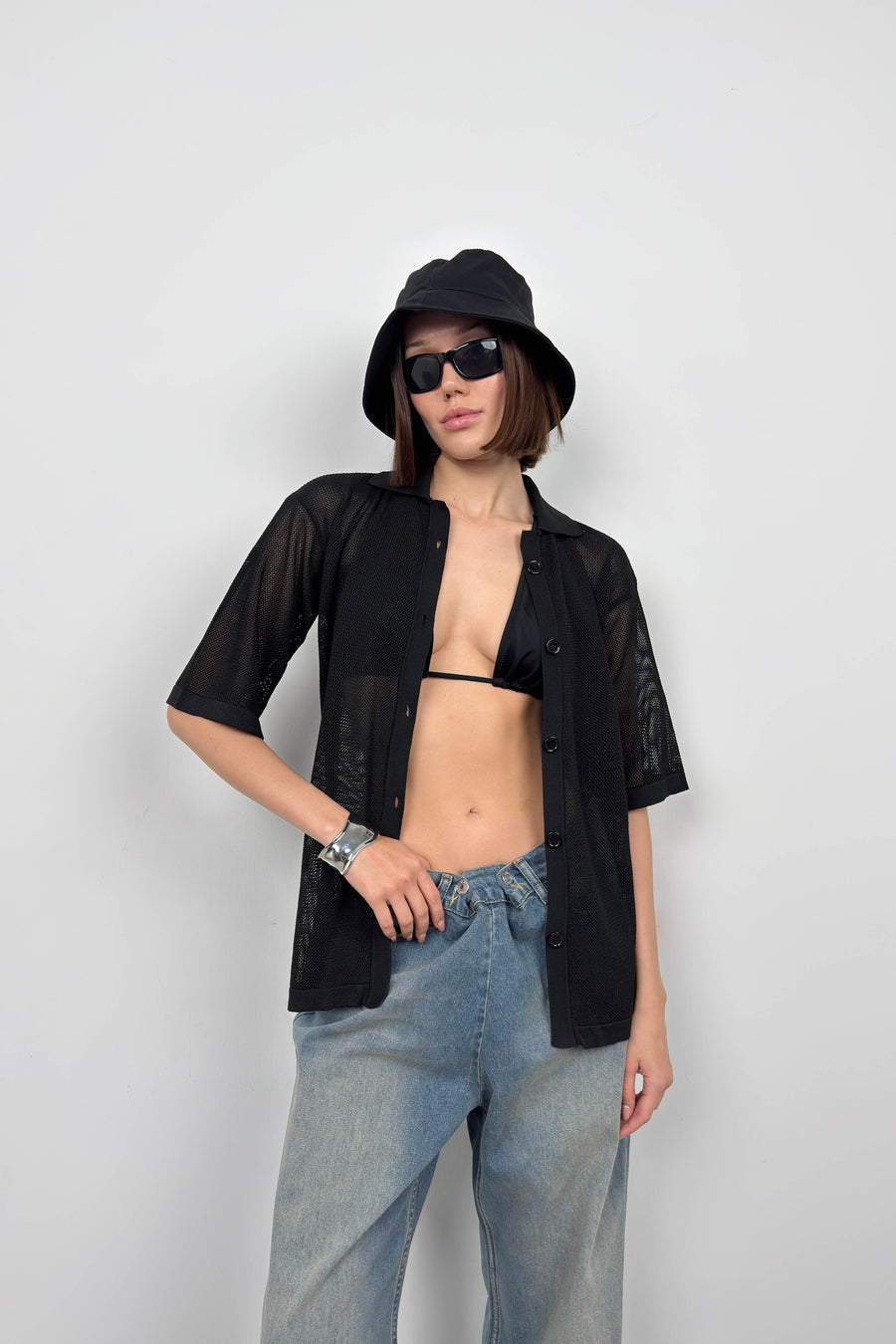 Polo Neck Net Black Blouse 