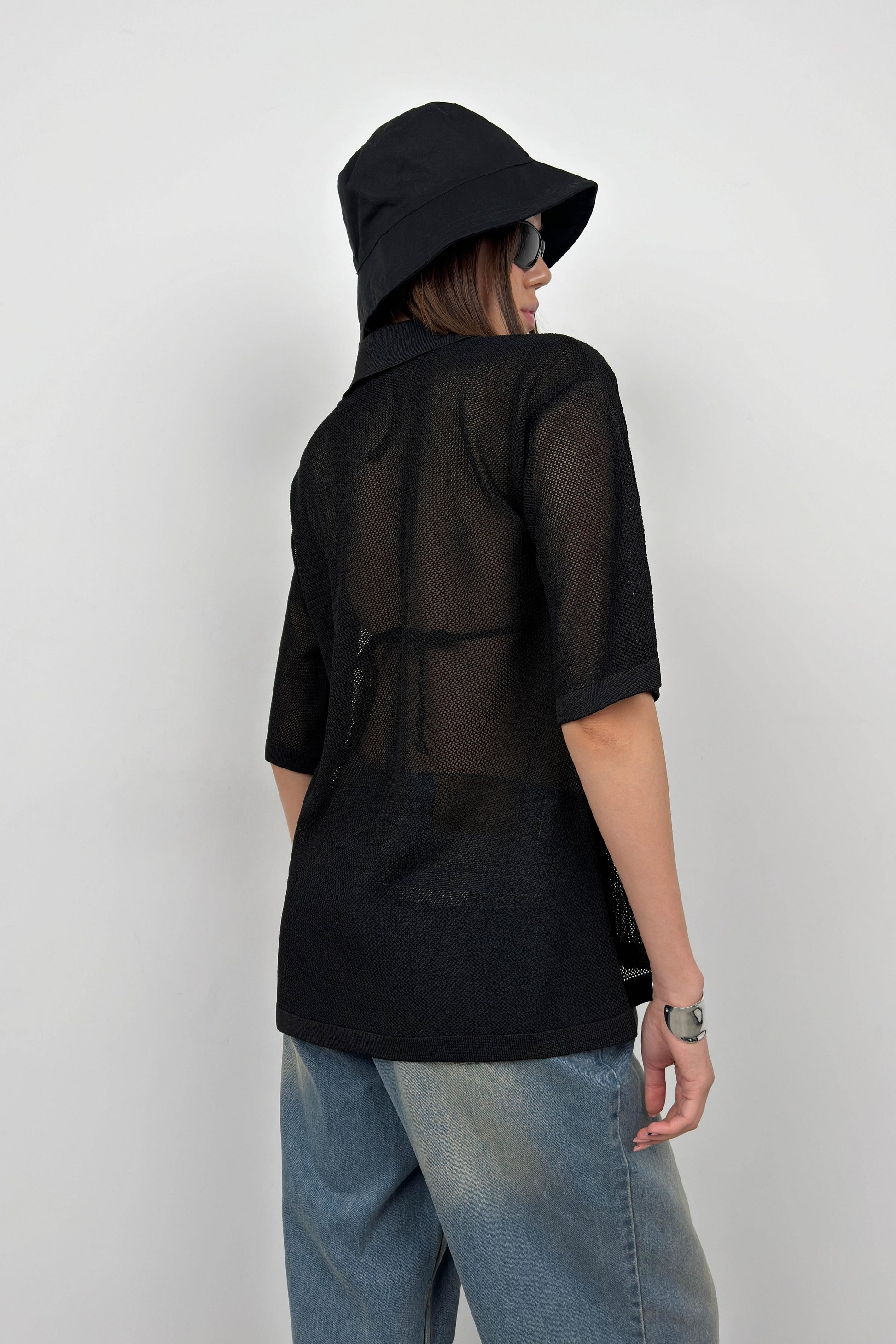 Polo Neck Net Black Blouse 