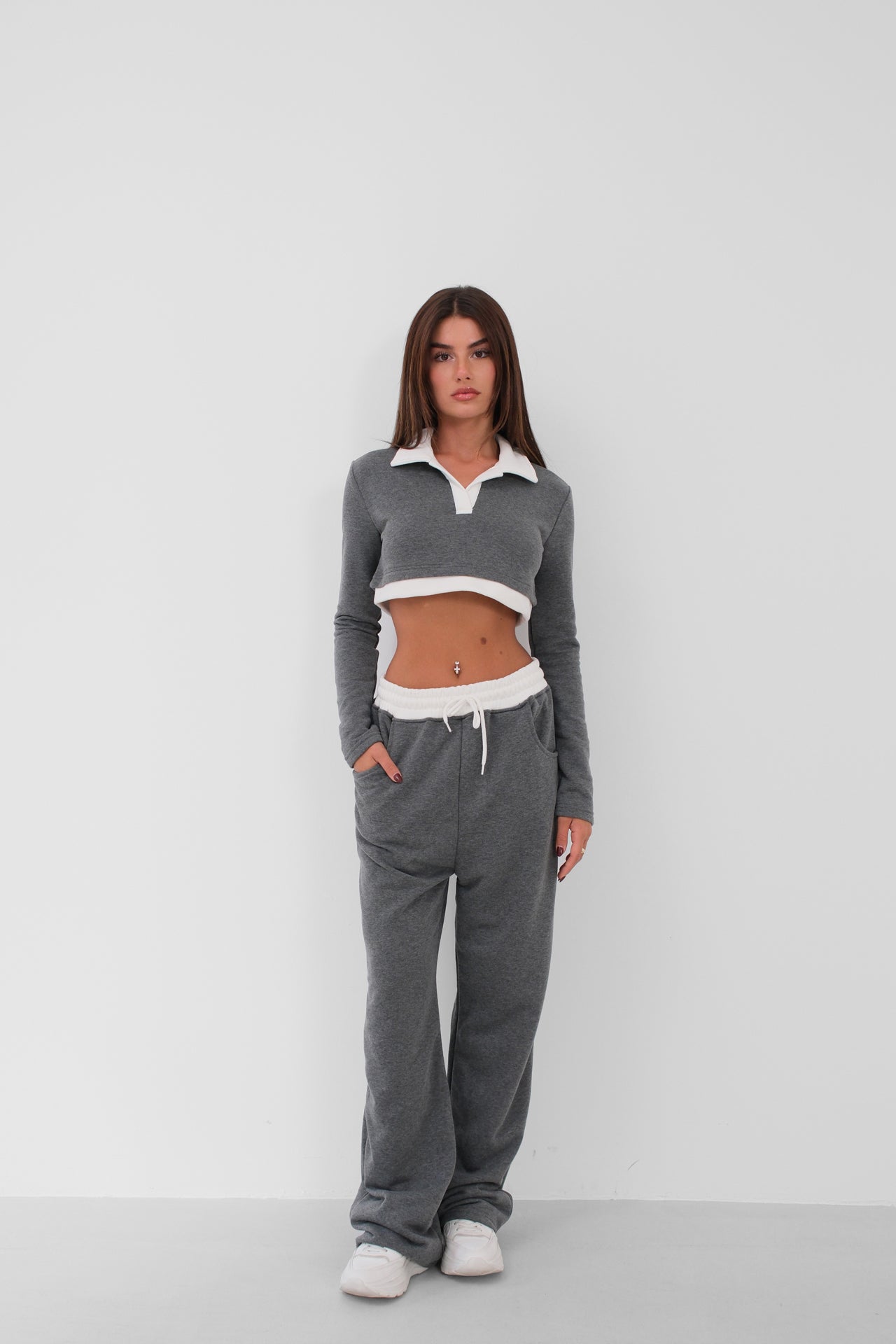 Polo Yaka Garnili Crop Gri Sweatshirt